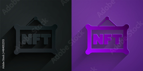 Paper cut NFT Digital crypto art icon isolated on black on purple background. Non fungible token. Paper art style. Vector