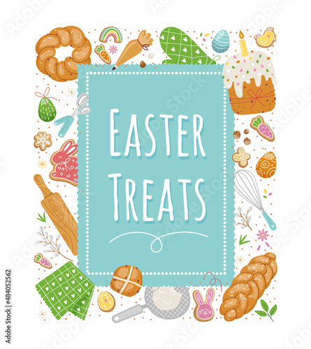 Easter treats.Traditional spring food.Colorful egg.Template cooking book