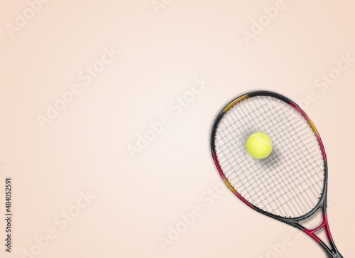 New professional tennis racket and ball on background. Sport theme