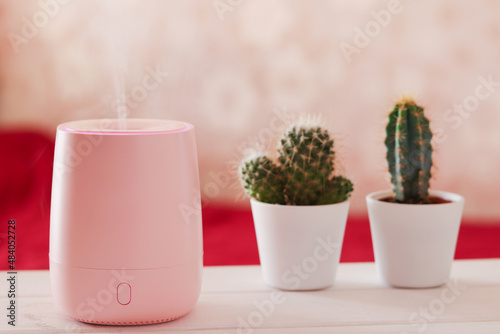 Humidifier or aroma lamp turned on the table on a blurred background of the living room with home plants. The concept healthy lifestyle  and comfortable living conditions