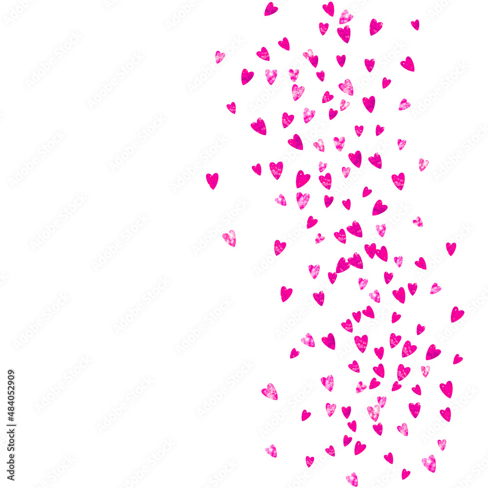 Valentines day heart with pink glitter sparkles. February 14th day. Vector confetti for valentines day heart template. Grunge hand drawn texture. Love theme for flyer, special business offer, promo.