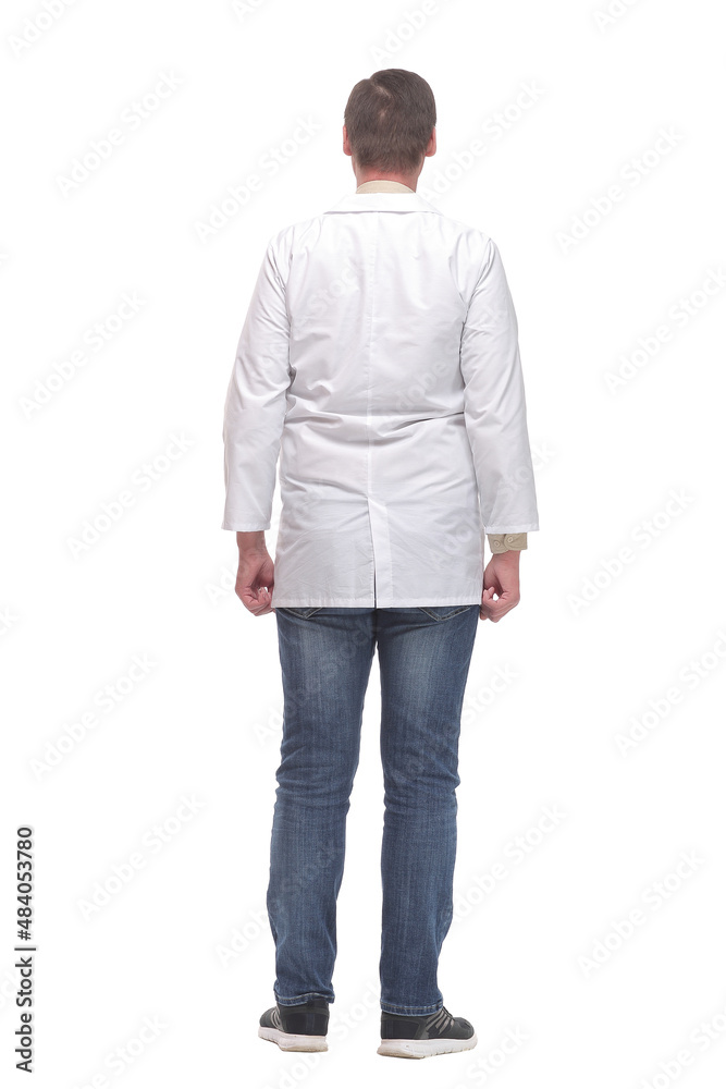 Rear view of professional scientist man wearing white coat over isolated background Rear view of professional scientist man wearing white coat over isolated background