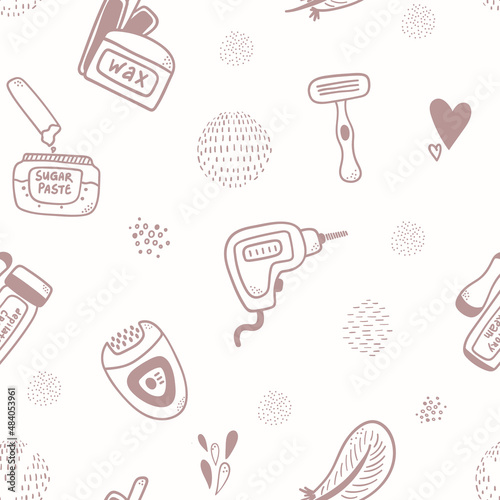 Cute brown doodle seamless pattern with depilatory and epilatory instruments. Outline wax, laser, cream, razor, epilator texture for female delicate body care design, package, textile, wrapping paper