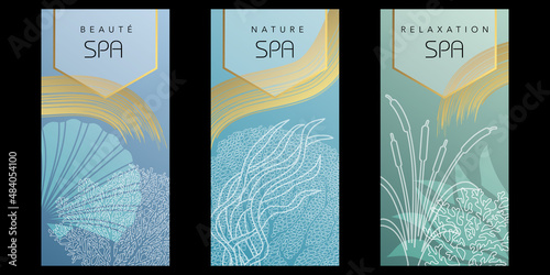 Série de 3 flyers pour un établissement de spa avec un graphisme d’ambiance aquatique aux couleurs douces bleu et or. photo