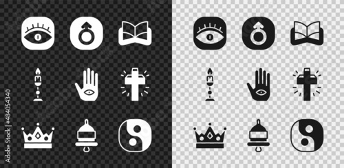 Set Masons, Mars, Ancient magic book, King crown, Ringing alarm bell, Yin Yang, Burning candle and Hamsa hand icon. Vector