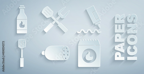 Set Salami sausage, Sauce bottle, Barbecue spatula, coal bag, Crossed fork and and Tabasco sauce icon. Vector
