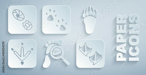Set Magnifying glass with footsteps, Bear paw footprint, Chicken, Seagull, Paw and Human footprints shoes icon. Vector