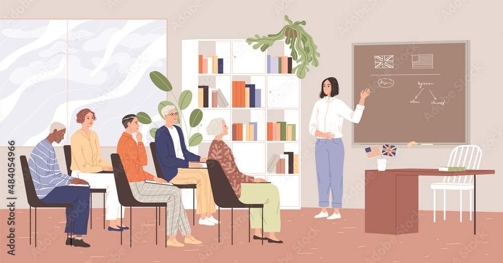Mature students learn English. A group of elderly people are studying Mature students learn English. A group of elderly people are studying