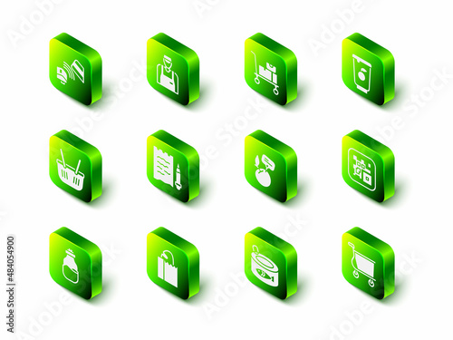 Set Seller, Hand truck and boxes, Yogurt container, QR code, Shopping cart, Supermarket food products with price label, Canned fish and Paper bag bread loaf icon. Vector