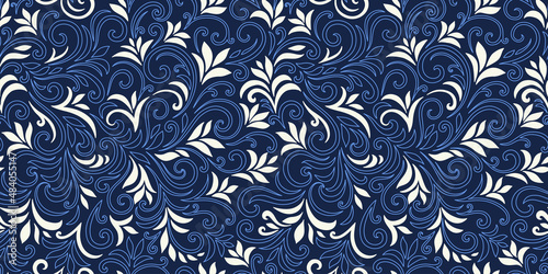 Fototapeta Naklejka Na Ścianę i Meble -  Elegant seamless pattern with leaves and curls. Luxury floral background. Vector illustration.