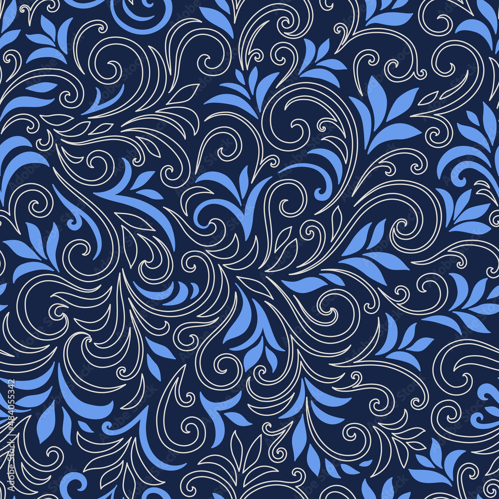 Elegant seamless pattern with leaves and curls. Luxury floral background. Vector illustration. Elegant seamless pattern with leaves and curls. Luxury floral background. Vector illustration.