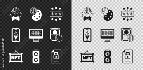 Set NFT Digital crypto art, Cyber security, Video graphic card, Document and lock, Ethereum ETH and Binary code icon. Vector