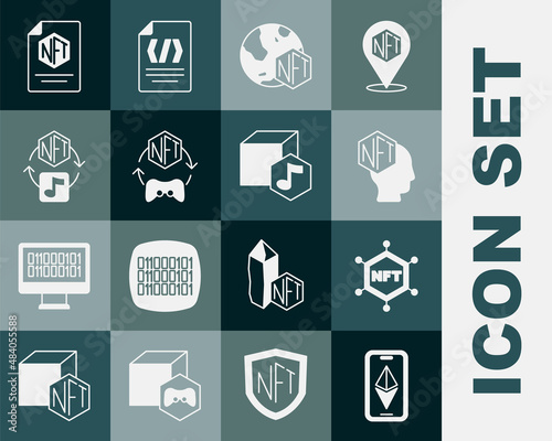 Set Ethereum ETH, NFT blockchain technology, Digital crypto art, contract and icon. Vector