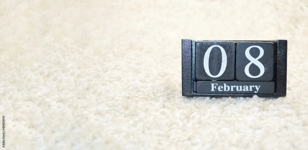 Wooden calendar from blocks on white background with copy space. 8th of February Wooden calendar from blocks on white background with copy space. 8th of February