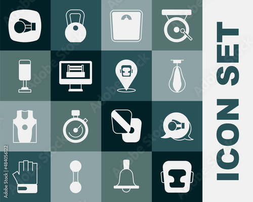 Set Boxing helmet, glove, Punching bag, Bathroom scales, ring, and icon. Vector