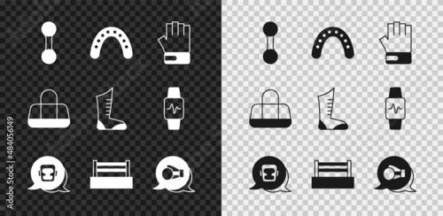 Set Dumbbell, Mouth guard boxer, MMA glove, Boxing helmet, ring, Sport bag and boxing shoes icon. Vector