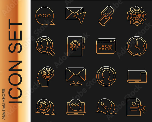 Set line Document and cursor, Monitor phone, Clock, Chain link, Address book, Create account screen, Speech bubble chat and Website template icon. Vector