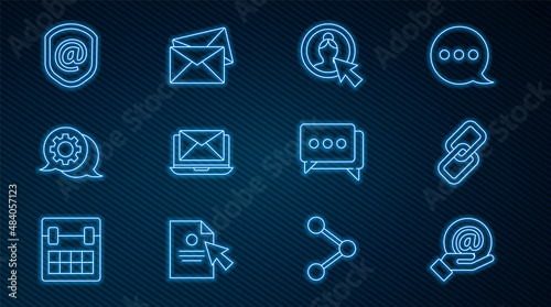Set line Mail and e-mail in hand, Chain link, Create account screen, Laptop with envelope, Speech bubble chat, Shield, and Envelope icon. Vector