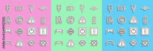 Set line Electric circuit scheme, light switch, Battery, cable, plug, Audio jack and High voltage icon. Vector