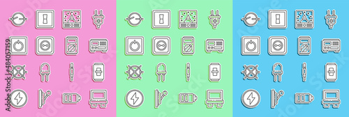 Set line Fuse, Electric light switch, Electrical measuring instruments, Ampere meter, multimeter, voltmeter, outlet, circuit scheme and Multimeter icon. Vector