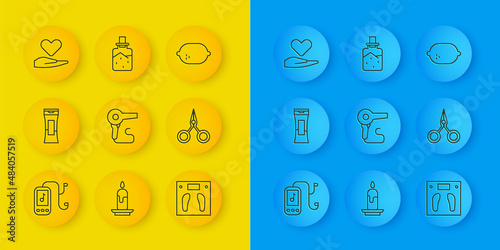 Set line Music player, Bottle of shampoo, Hair dryer, Bathroom scales, Scissors, Heart on hand, Lemon and Spa salt icon. Vector