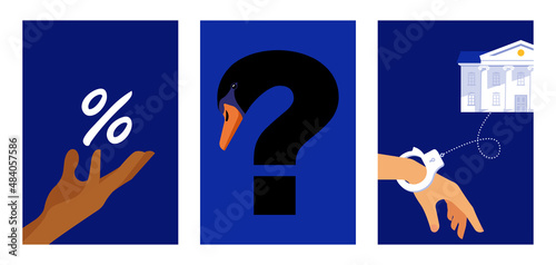 Posters with mortgage loan concept. Hand holds a percent sign, black swan like question mark, human handcuffed with bank. Illustration for poster, cover, report.