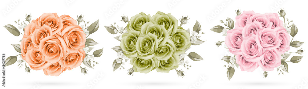 Collection of rose bouquet watercolor isolated on white background ...