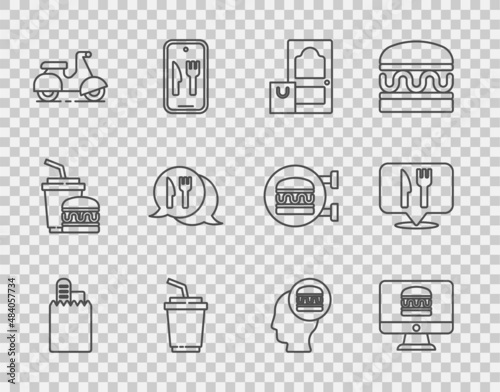 Set line Online ordering and delivery, Paper glass with water, Scooter, Cafe restaurant location, and icon. Vector