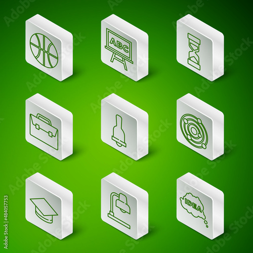 Set line Idea, speech bubble, Table lamp, Basketball ball, Ringing bell, Briefcase, Chalkboard, Graduation cap and Solar system icon. Vector