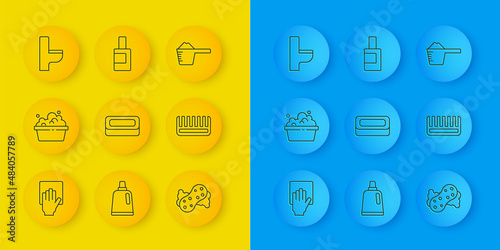 Set line Cleaning service, Basin with soap suds, Bar of, Sponge, Hairbrush, Toilet bowl, Washing powder and Bottle for cleaning agent icon. Vector