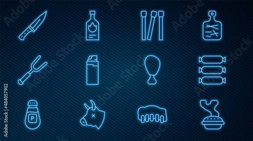 Set line Homemade pie, Sausage, Matches, Lighter, Barbecue fork, Meat chopper, Chicken leg and Tabasco sauce icon. Vector