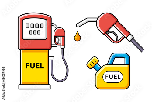 Fuel pump isolated, hose nozzle with petrol drop, gasoline jerry can or gallon canister. Gas filling station cartoon vector icons.
