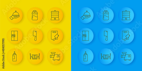 Set line Sauce bottle, Refrigerator, Meat chopper, Kitchen meat grinder, Cutting board and, Covered with tray, Slow cooker and Salt icon. Vector