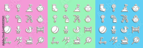 Set line Sperm, Baby crib cradle bed, Little girl head, Sandbox with sand and shovel, Breast pump, Rattle baby toy, socks and stroller icon. Vector