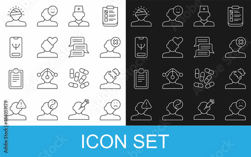 Set line Sad and depressed man, bad mood, Solution problem in psychology, Male doctor, Broken heart divorce, Online psychological counseling, Concussion, headache and icon. Vector