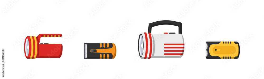 Flashlight of light flat set icon. Flashlight lighting with spotlight or flash. 