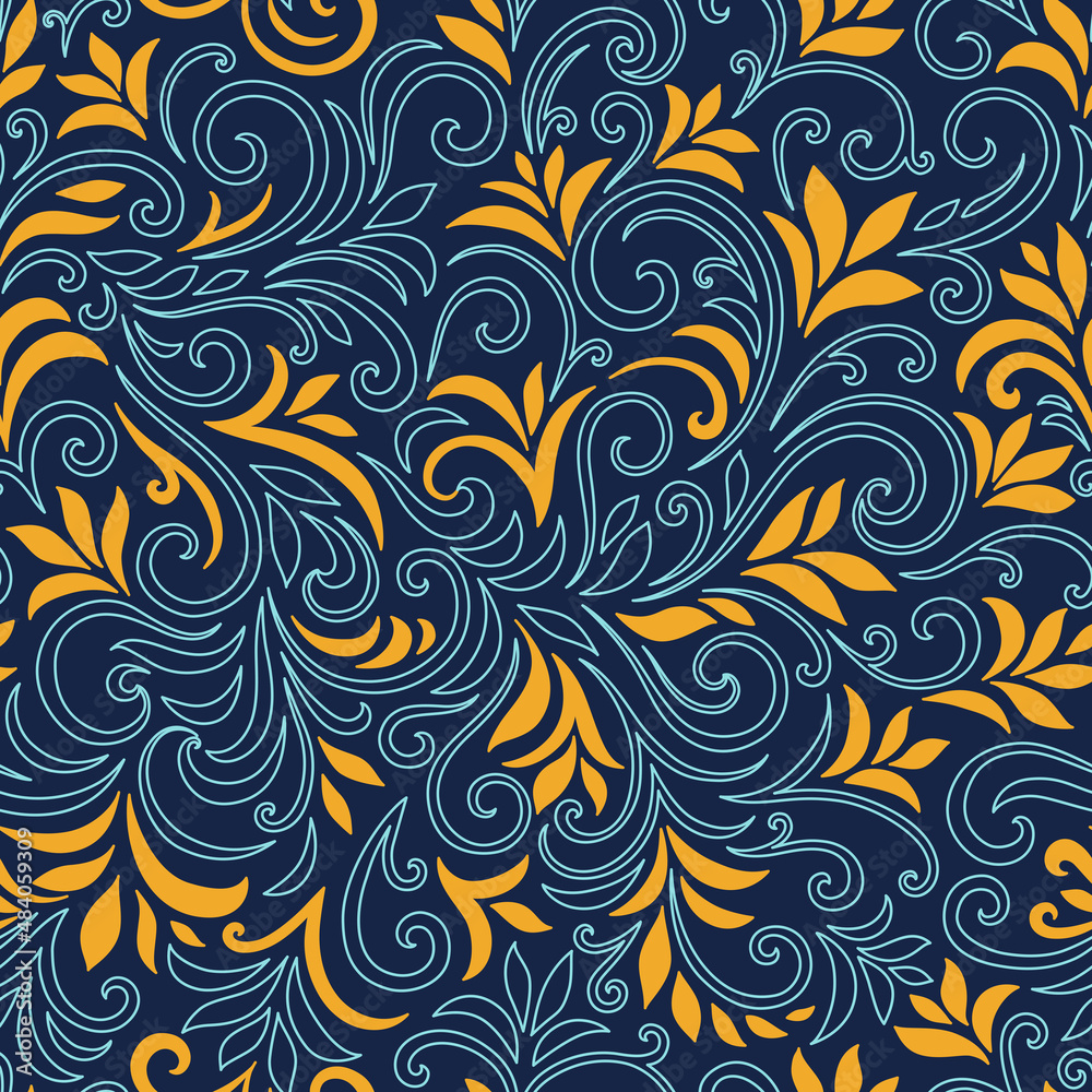 Elegant seamless pattern with leaves and curls. Luxury floral background. Vector illustration. Elegant seamless pattern with leaves and curls. Luxury floral background. Vector illustration.