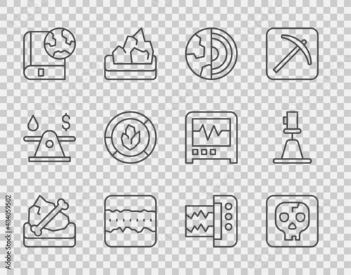 Set line Archeology, Earth core structure crust, Soil ground layers, globe and book, analysis, Seismograph and Tacheometer, theodolite icon. Vector
