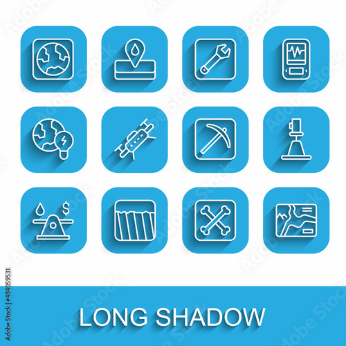 Set line Oil money, Ground, Earth globe, Archeology, Topographic map, Drone, Tacheometer, theodolite and Pickaxe icon. Vector