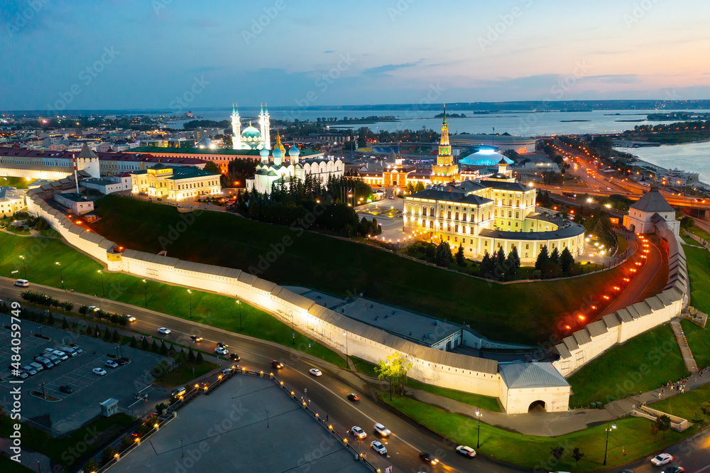 Fototapeta Panoramic view from drone of the evening Kazan Kremlin of Kazan city. Russia