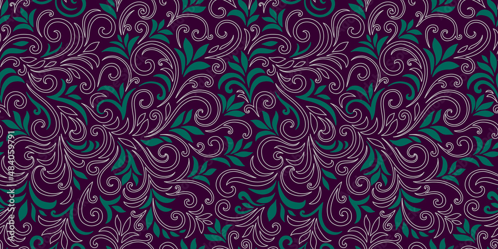 Elegant seamless pattern with leaves and curls. Luxury floral background. Vector illustration. Elegant seamless pattern with leaves and curls. Luxury floral background. Vector illustration.