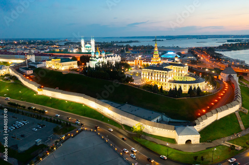 Panoramic view from drone of the evening Kazan Kremlin of Kazan city. Russia