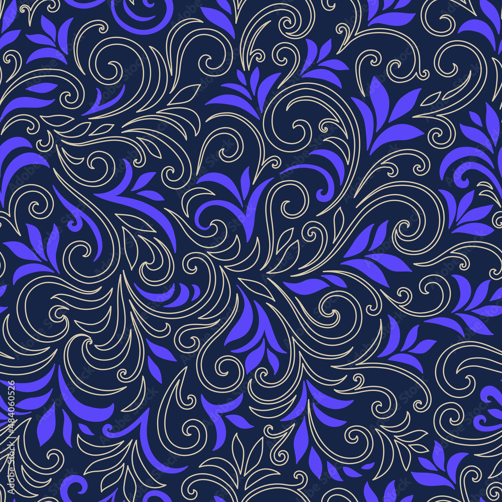 Elegant seamless pattern with leaves and curls. Luxury floral background. Vector illustration. Elegant seamless pattern with leaves and curls. Luxury floral background. Vector illustration.