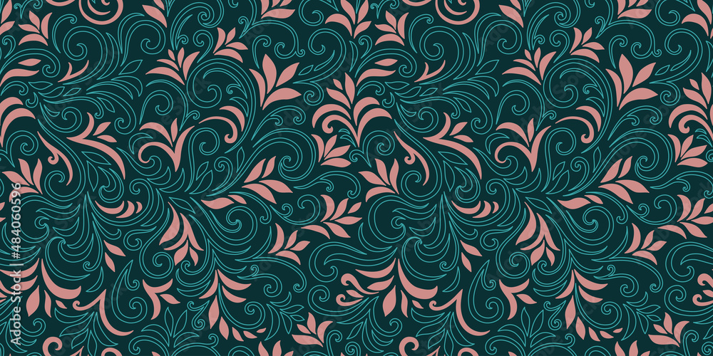 Elegant seamless pattern with leaves and curls. Luxury floral background. Vector illustration.