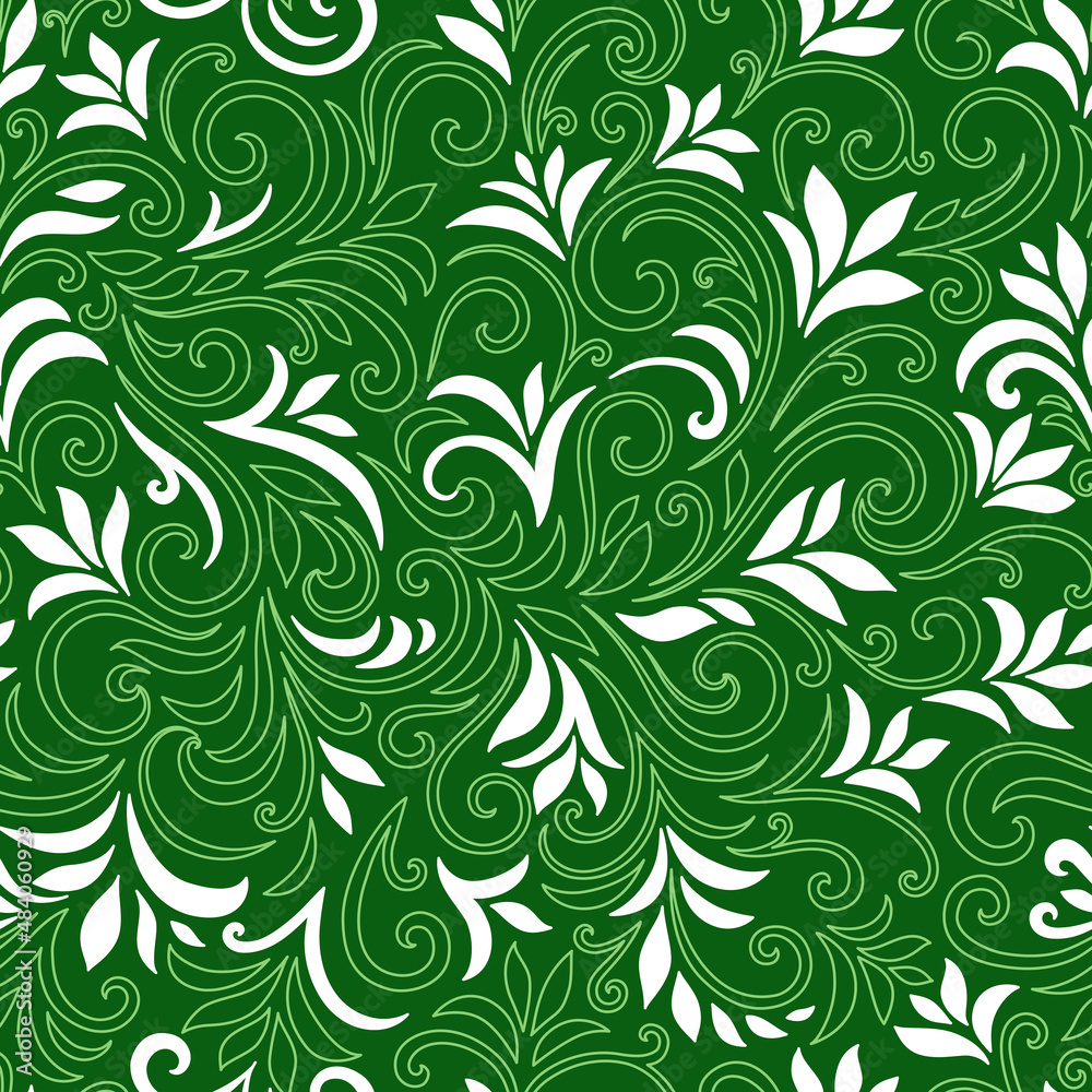 Elegant seamless pattern with leaves and curls. Luxury floral background. Vector illustration.