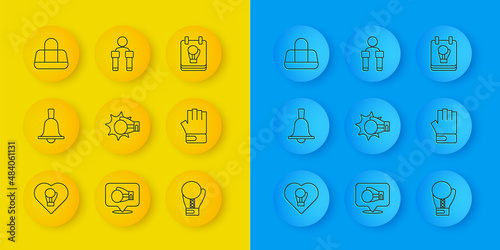Set line Boxing glove, bell, Punch boxing, MMA, Sport bag, and Jump rope icon. Vector