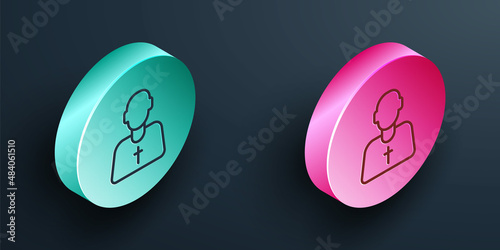 Isometric line Priest icon isolated on black background. Turquoise and pink circle button. Vector