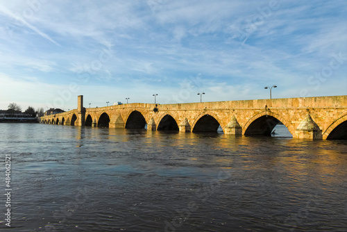 SVILENGRAD, BULGARIA - JULY 19, 2020: Sixteenth century Mustafa Pasha Bridge (Old Bridge) over Maritsa river in town of Svilengrad, Haskovo Region, Bulgaria