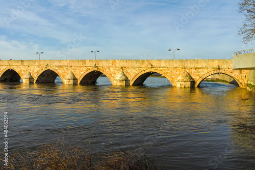 SVILENGRAD, BULGARIA - JULY 19, 2020: Sixteenth century Mustafa Pasha Bridge (Old Bridge) over Maritsa river in town of Svilengrad, Haskovo Region, Bulgaria