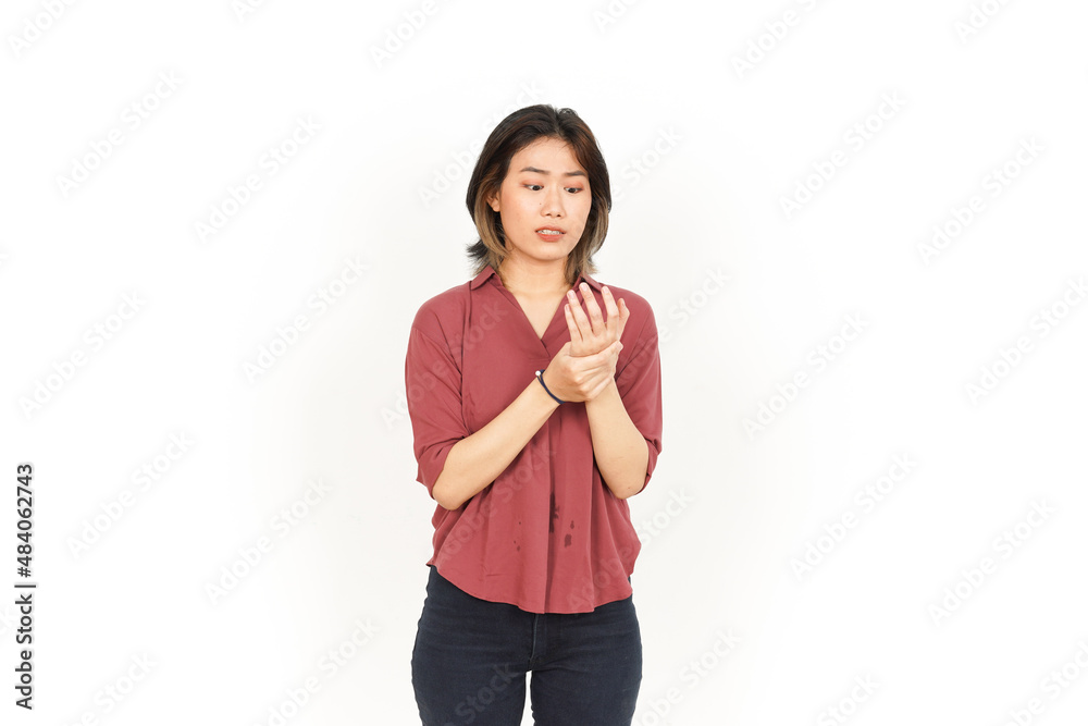 Suffering pain on hands Of Beautiful Asian Woman Isolated On White Background Suffering pain on hands Of Beautiful Asian Woman Isolated On White Background